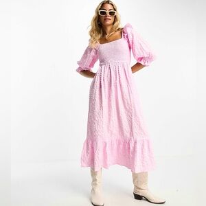 ASOS Miss Selfridge Textured Shirred Frill Shoulder Midi Dress in pink